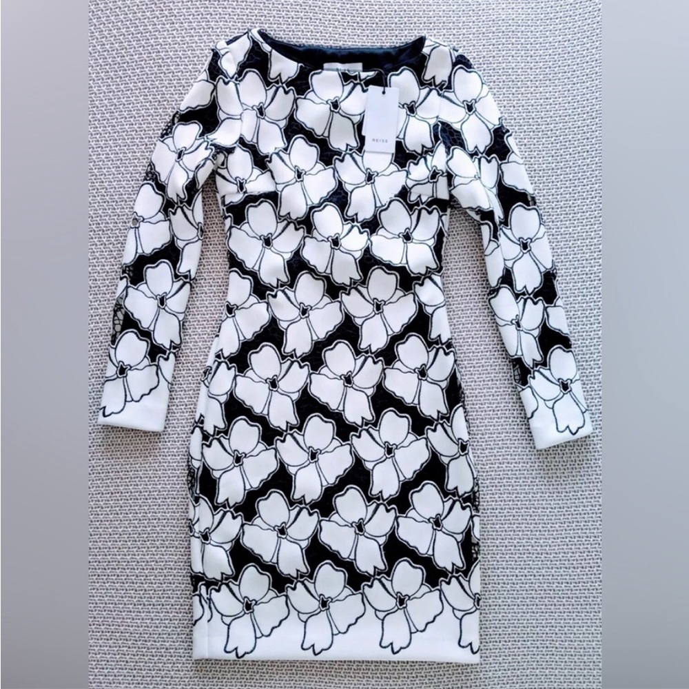 REISS Lottie- Lace Bodycon Dress Off White/Night - Picture 5 of 5